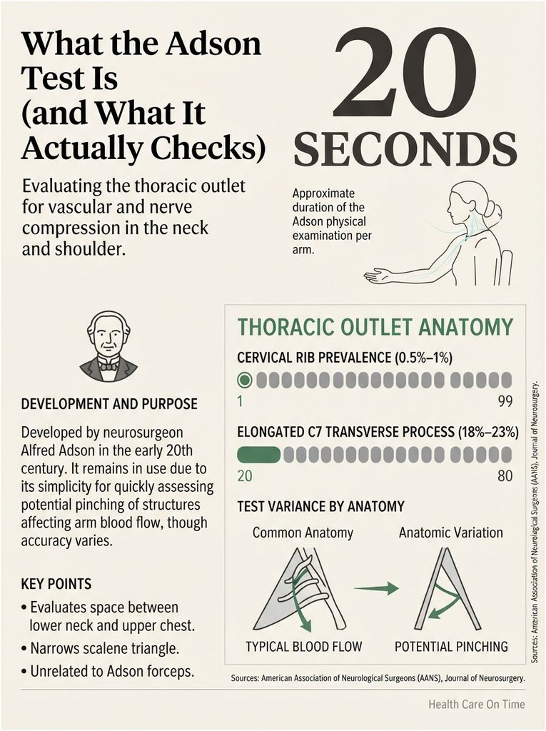 Infographic explaining the Adson test for thoracic outlet evaluation, featuring charts and key points on anatomy.