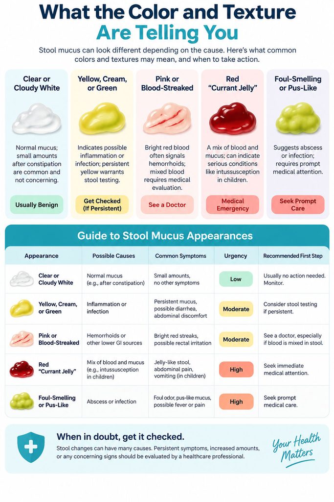 Infographic explaining stool mucus colors and textures, including symptoms and recommended actions for each type.