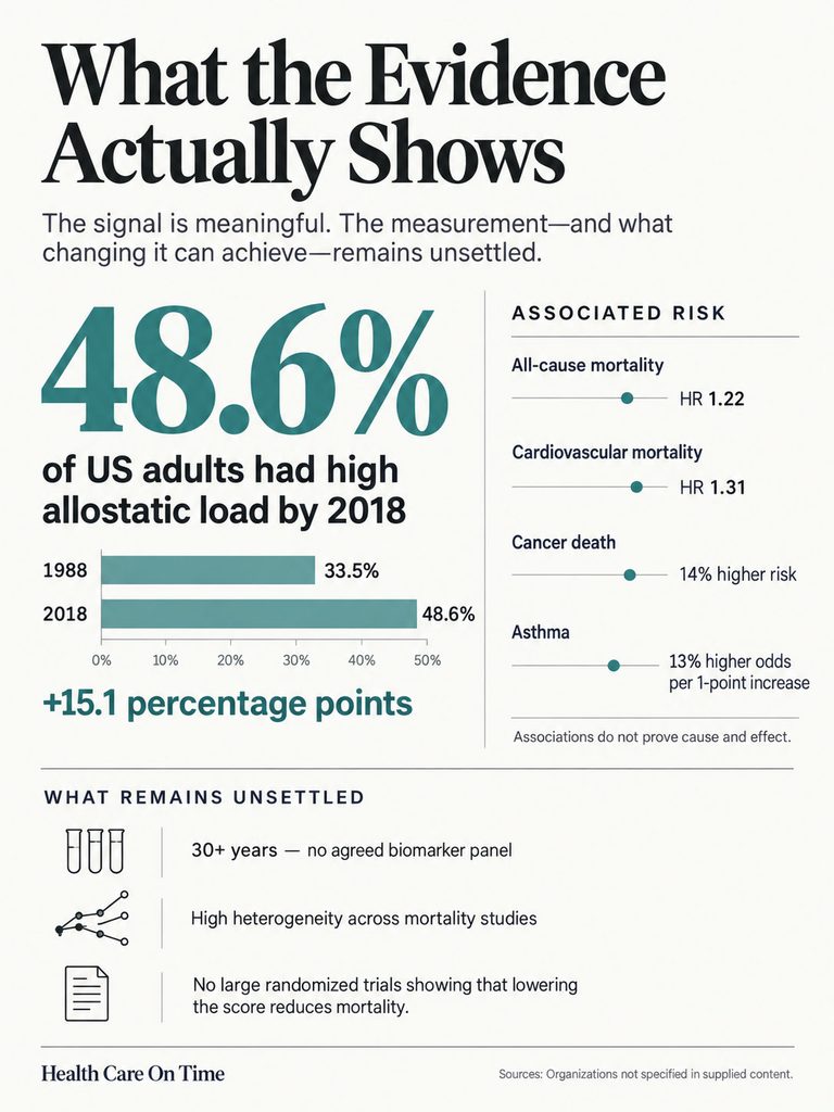 Infographic showing 48.6% of US adults had high allostatic load by 2018, with associated risks and unsettled issues.