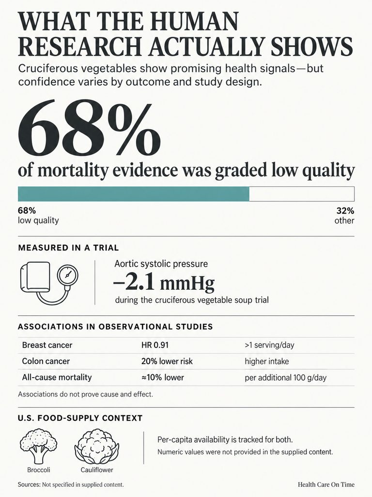 Infographic showing health signals from cruciferous vegetables, with statistics on mortality evidence quality and health outcomes.