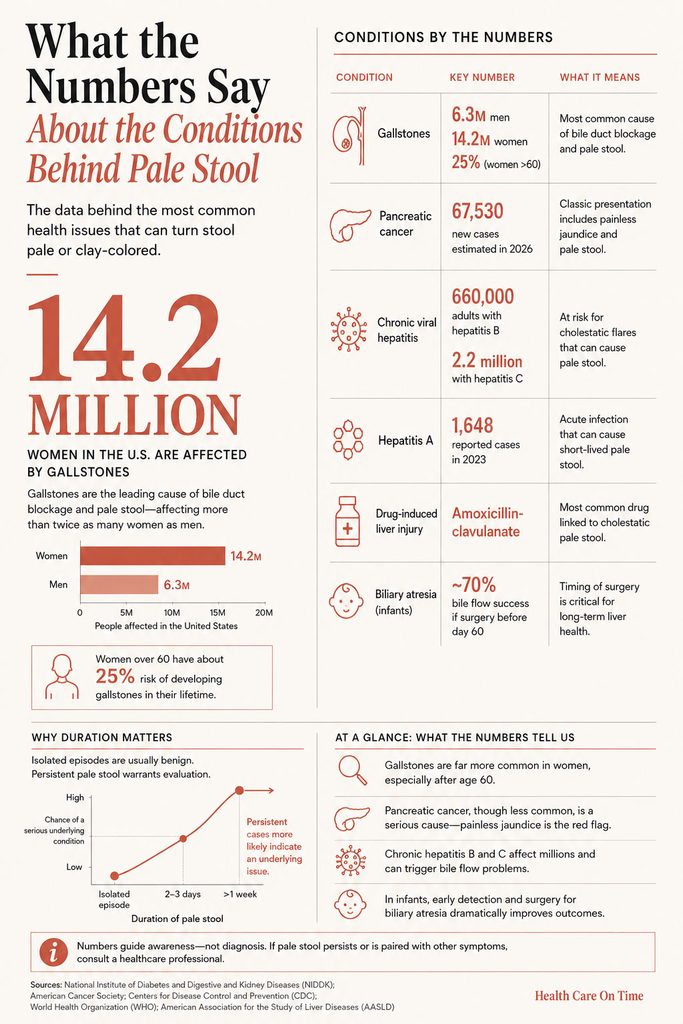 Infographic detailing conditions causing pale stool, including statistics on gallstones, pancreatic cancer, and hepatitis.