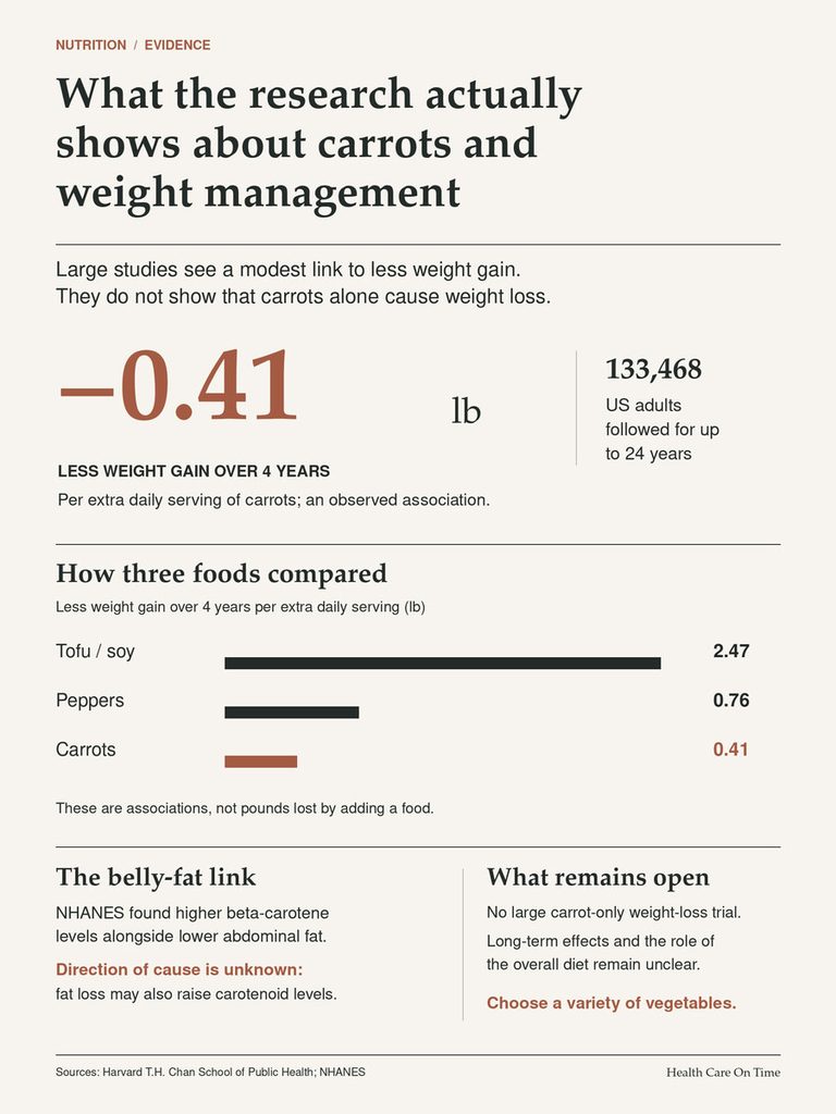 Infographic showing research on carrots and weight management, including data on weight gain and comparisons with other foods.