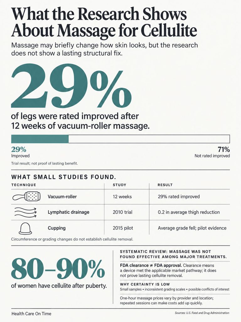 Infographic showing research on massage for cellulite, highlighting 29% improvement in legs after vacuum-roller massage.