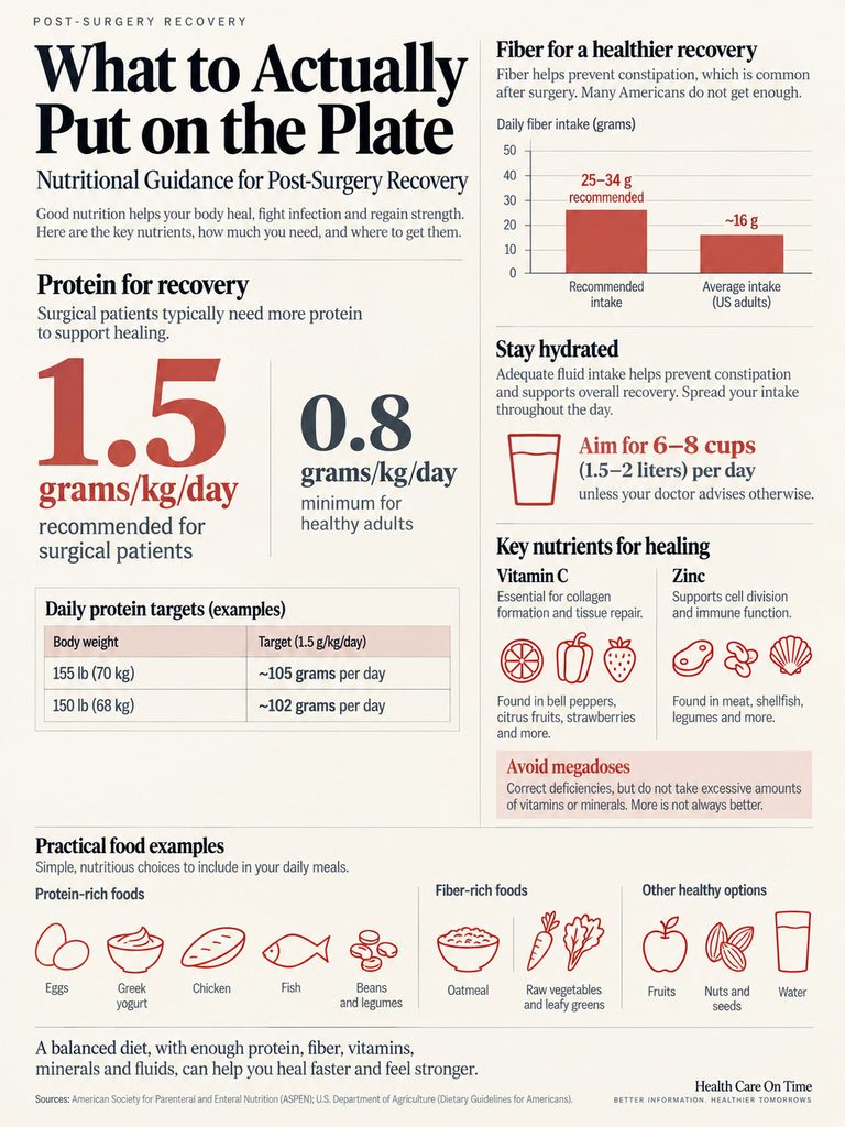 Infographic on post-surgery nutritional guidance showing protein needs, fiber intake, hydration, and food examples.