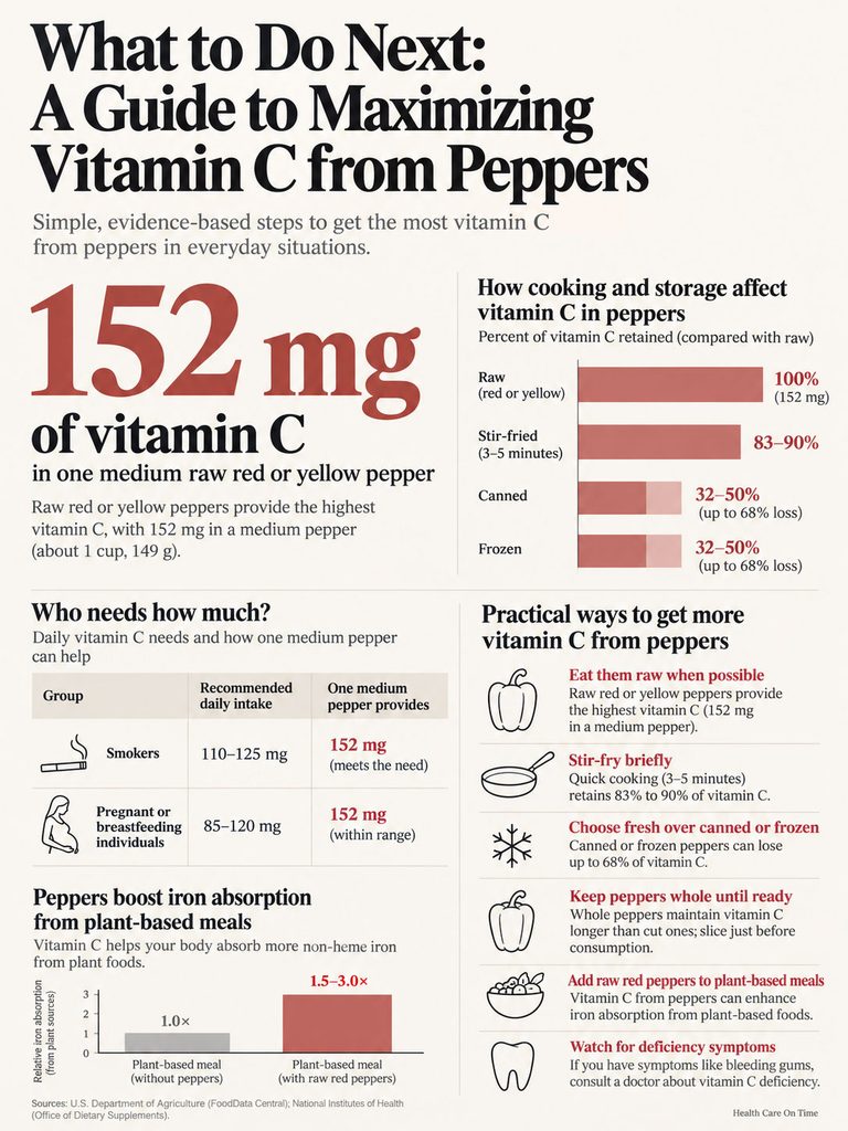 Infographic showing vitamin C content in peppers, cooking effects, and daily intake recommendations.