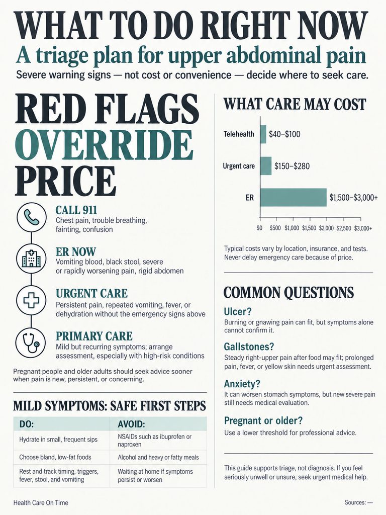 Infographic detailing triage plan for upper abdominal pain with care options and costs, including symptoms and steps.