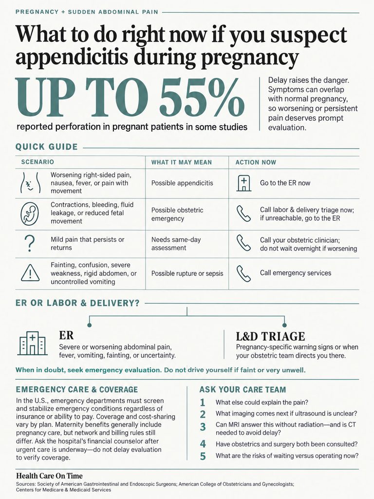 Infographic detailing actions for suspected appendicitis during pregnancy, including symptoms and emergency steps.
