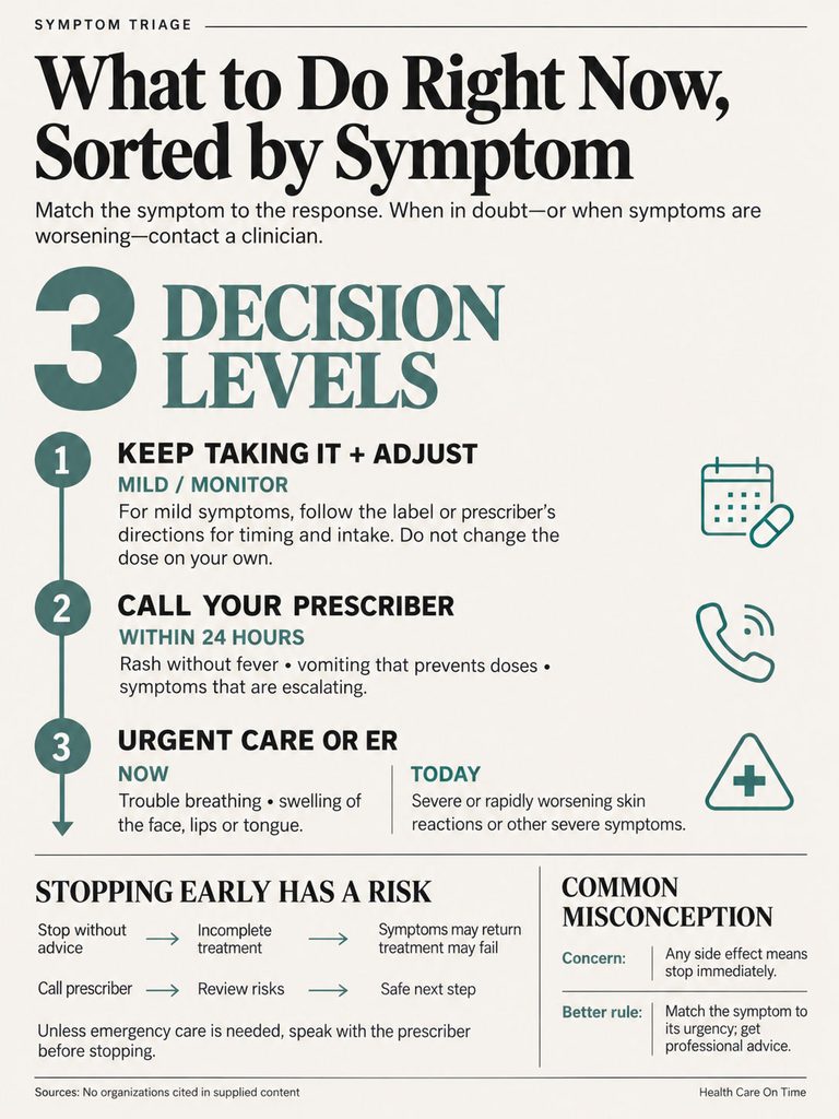 Infographic detailing symptom triage with decision levels and actions for various symptoms.