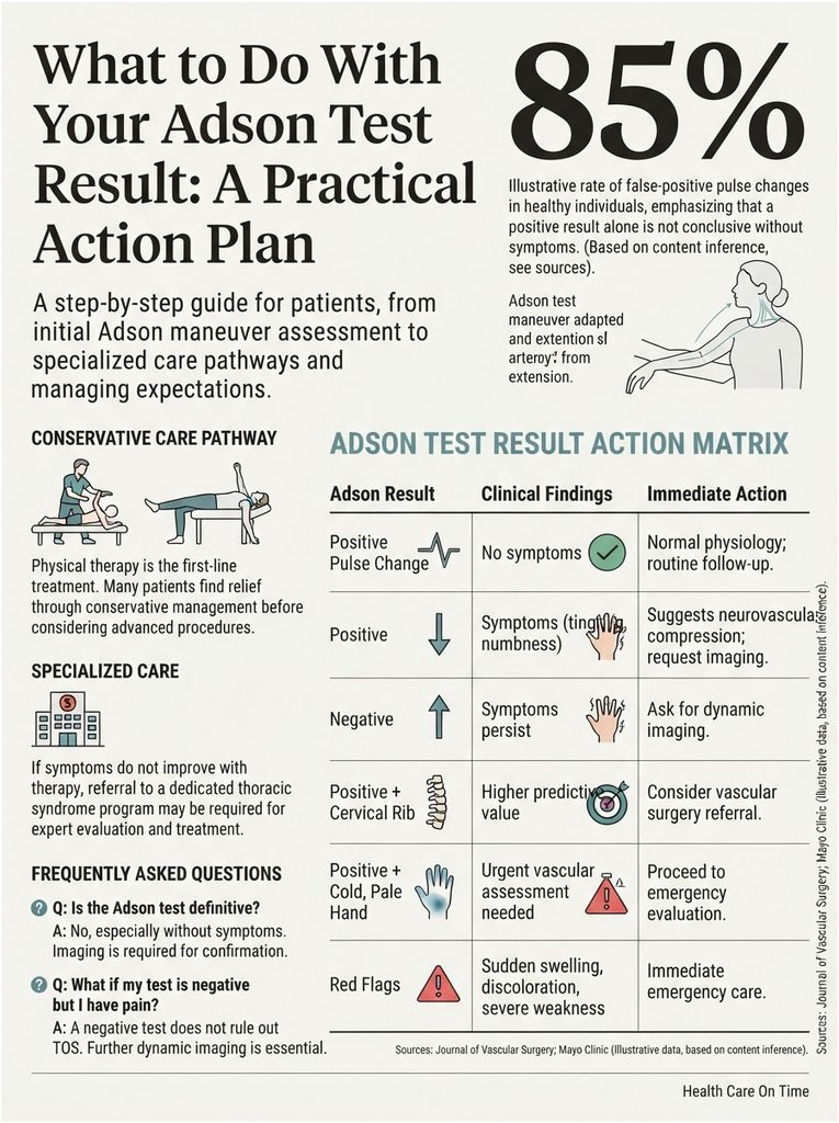 Infographic detailing Adson test results, action matrix, and care pathways for patients with illustrations and statistics.