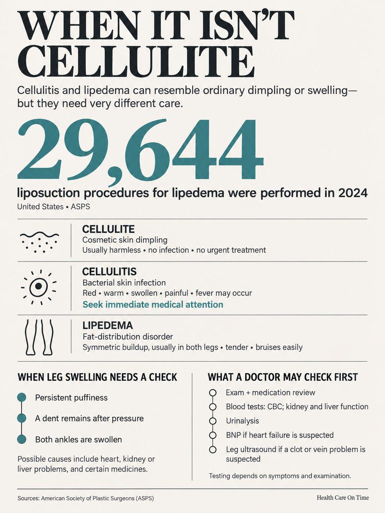 Infographic explaining differences between cellulite, cellulitis, and lipedema with statistics and symptoms.