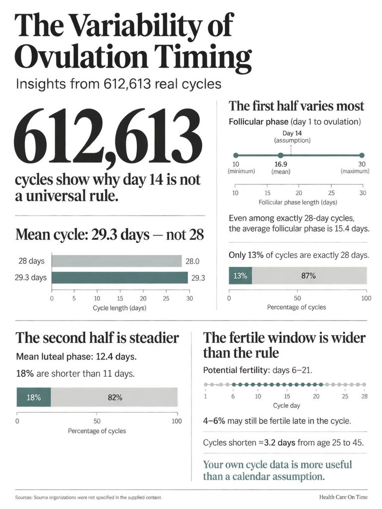 Infographic showing ovulation timing variability with data on cycle lengths and phases from 612,613 cycles.