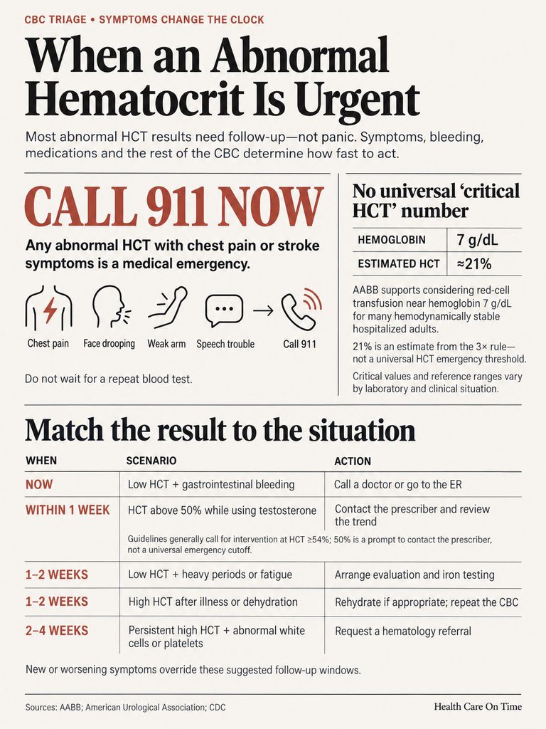 Infographic detailing urgent actions for abnormal hematocrit levels with scenarios and emergency contacts.