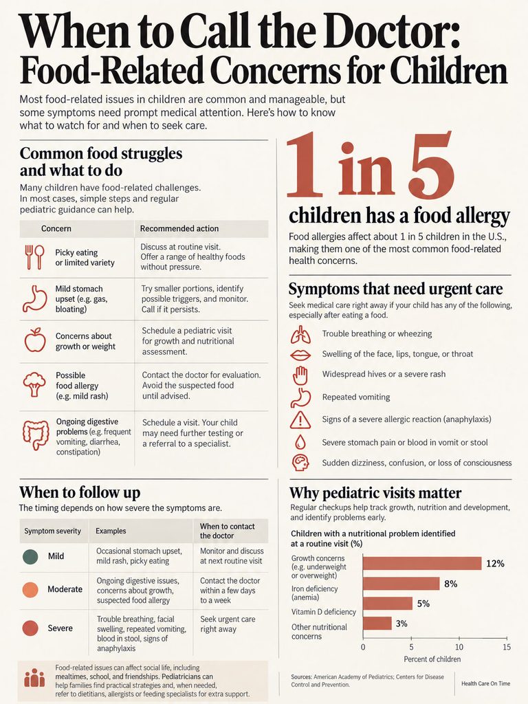 Infographic detailing food-related concerns for children, including symptoms and recommended actions for parents.