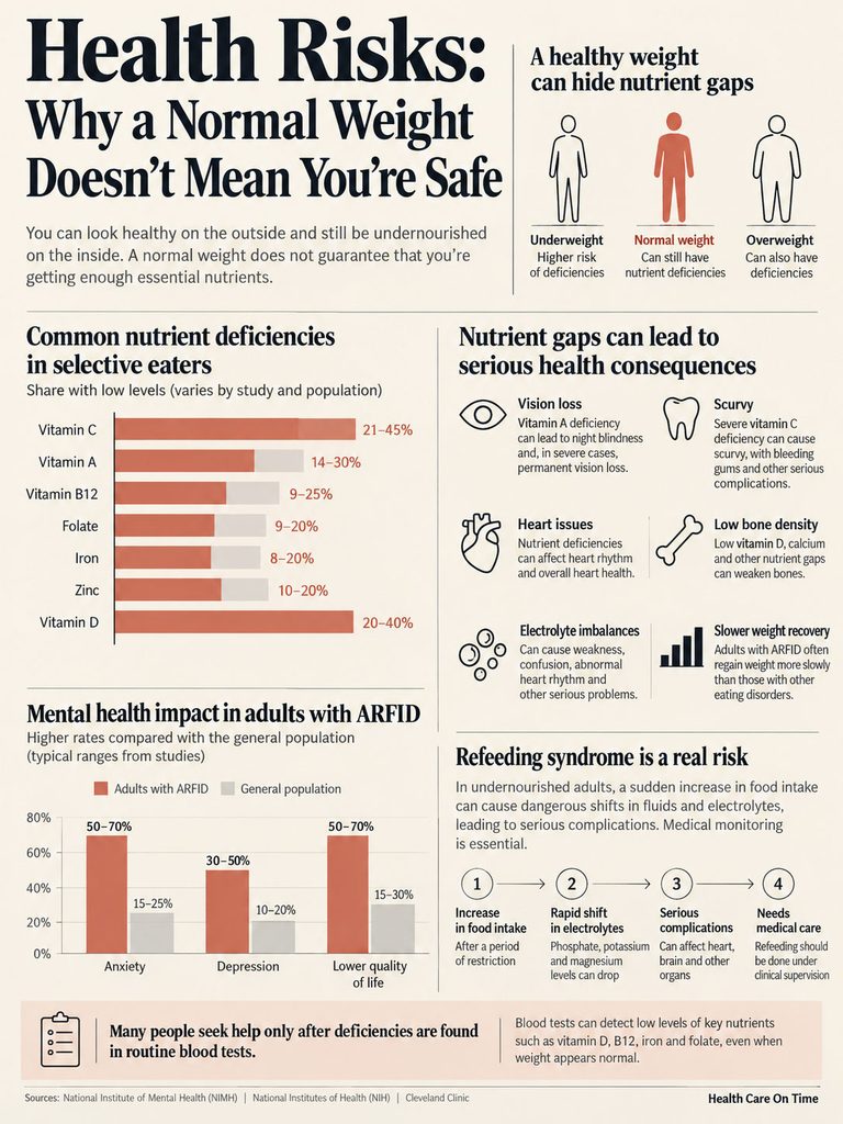 Infographic showing health risks of normal weight, nutrient deficiencies, and mental health impacts with charts and statistics.