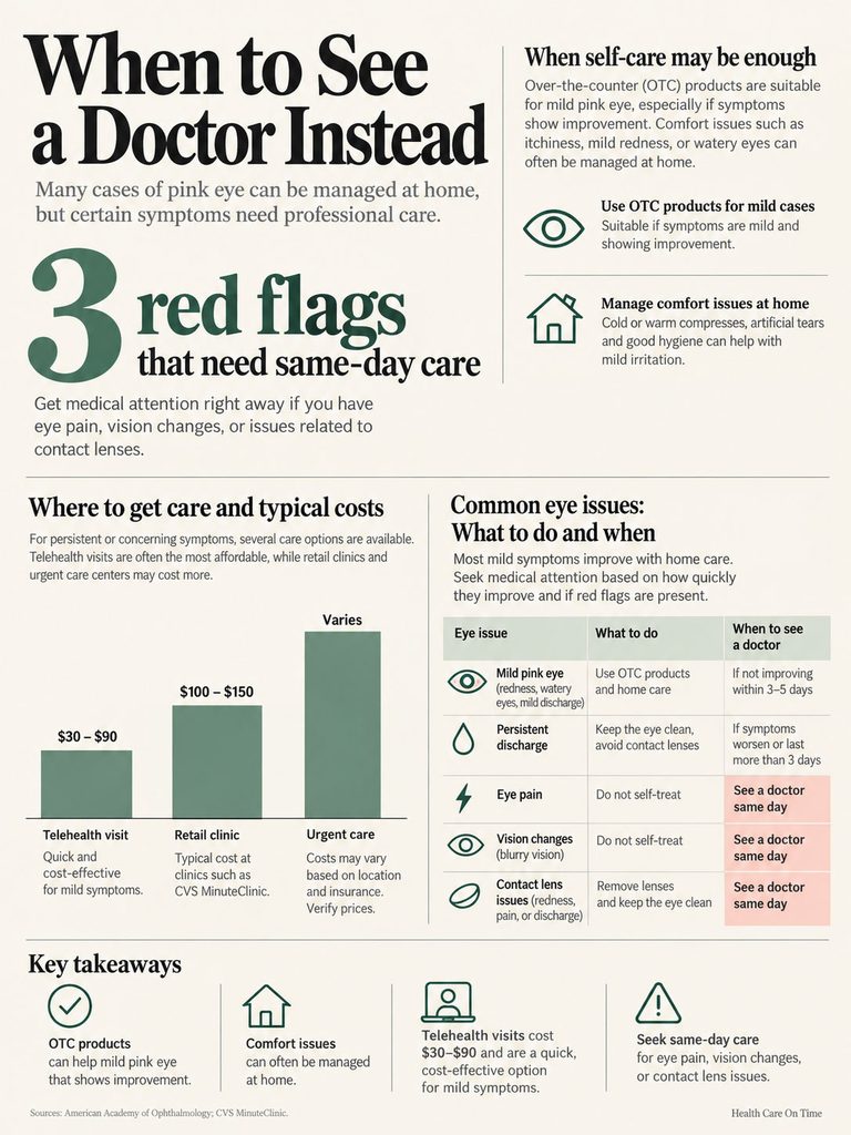 Infographic detailing when to see a doctor for pink eye, highlighting symptoms and care options.