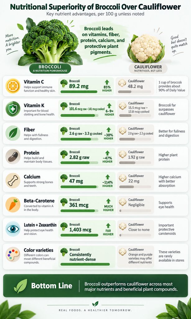 Infographic comparing nutritional benefits of broccoli and cauliflower, highlighting vitamins and minerals with charts and icons.