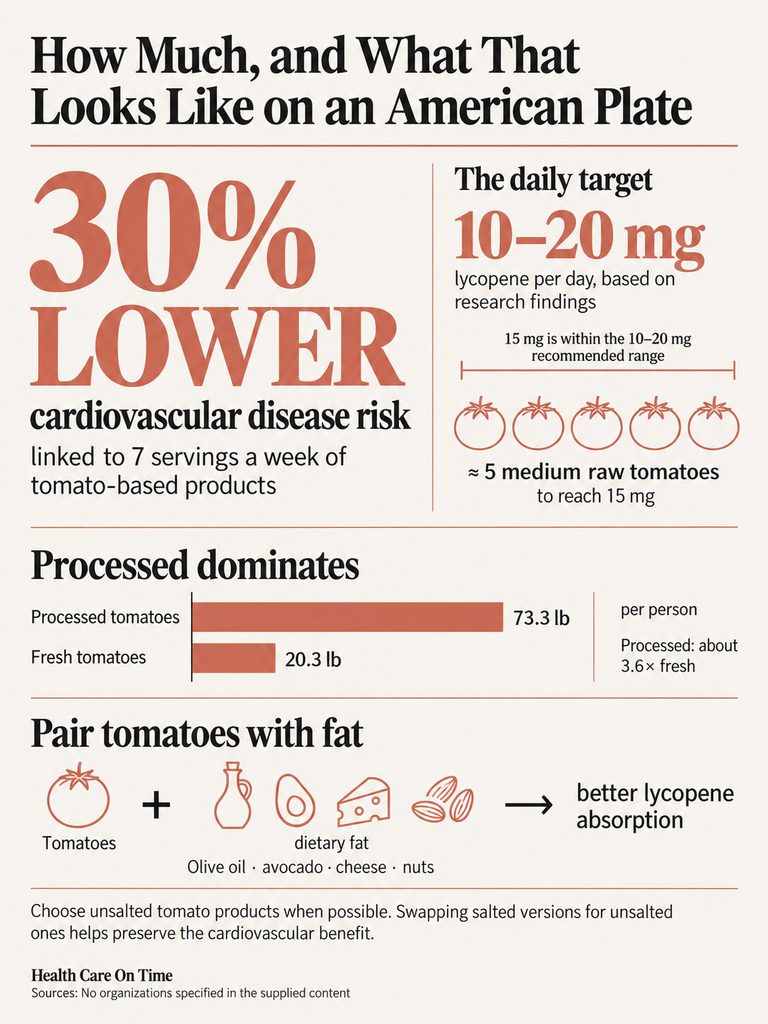 Infographic showing 30% lower cardiovascular disease risk with 7 servings of tomato products weekly, featuring charts and icons.