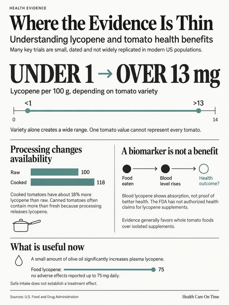 Infographic showing lycopene content in tomatoes, processing effects, and health benefits of lycopene with charts and icons.