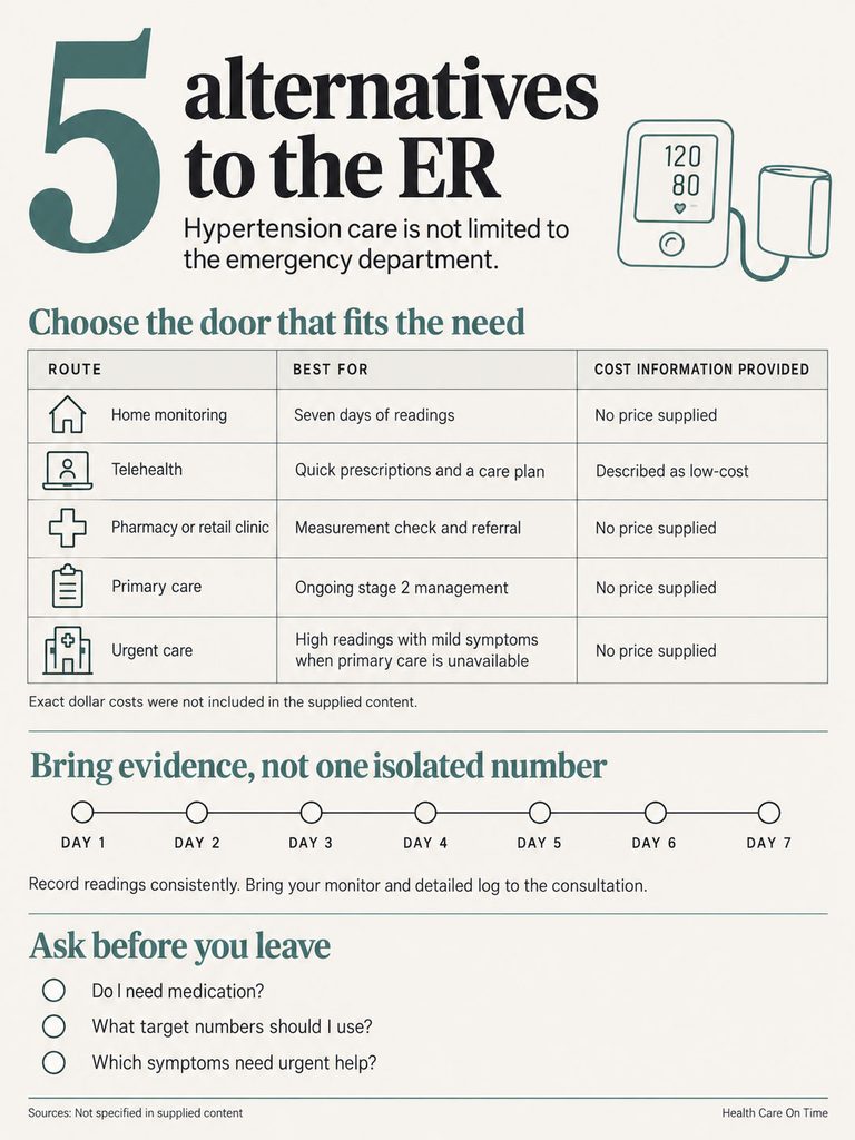 Infographic showing five alternatives to ER for hypertension care with details on routes and best uses.