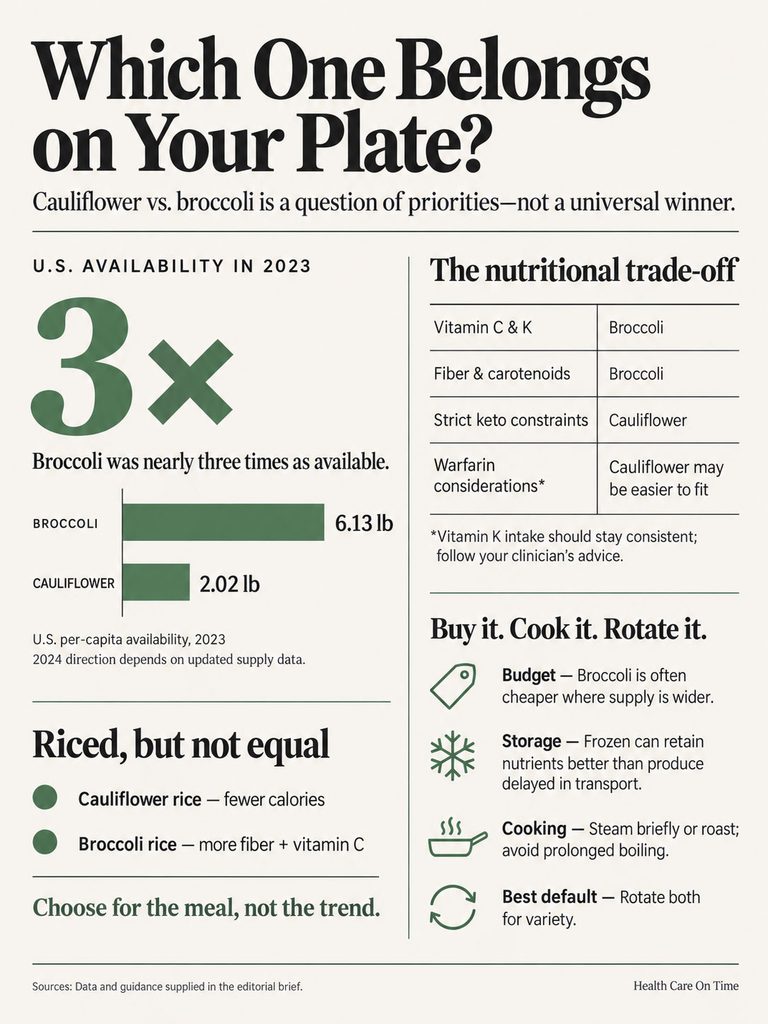 Infographic comparing cauliflower and broccoli, highlighting nutritional trade-offs and U.S. availability in 2023.