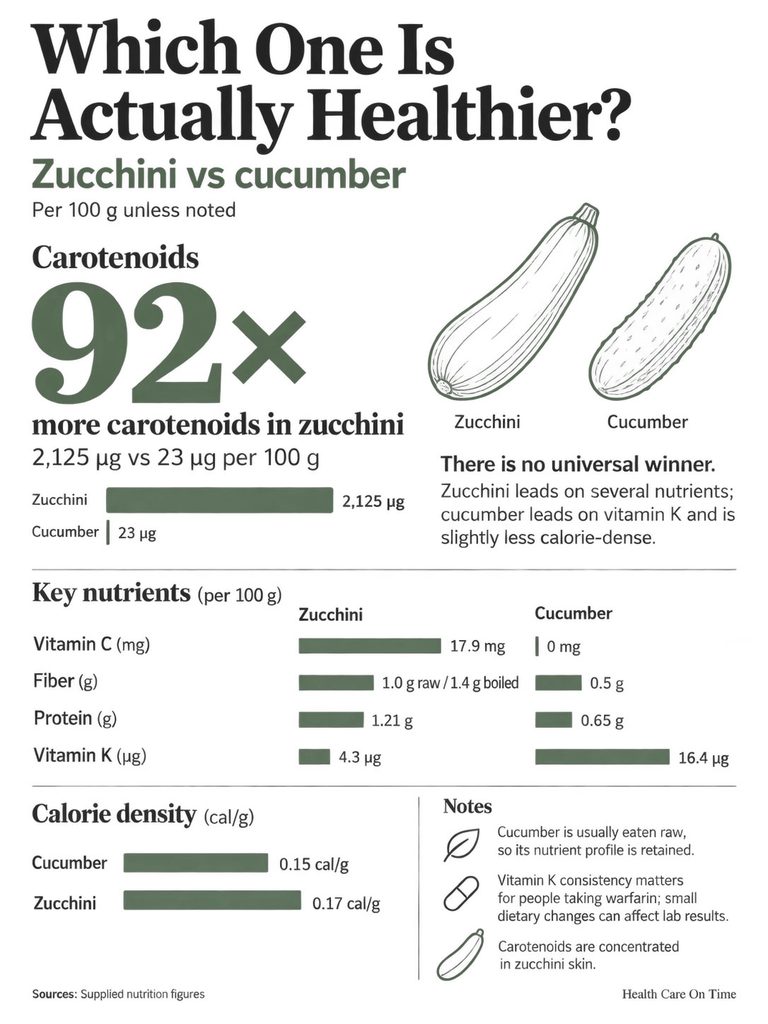 Infographic comparing zucchini and cucumber health benefits, showing nutrients and carotenoid levels.