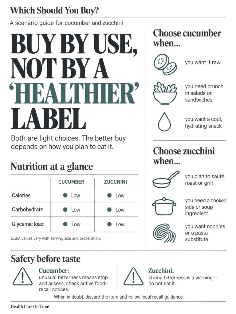 Infographic comparing cucumber and zucchini, detailing uses, nutrition, and safety tips.