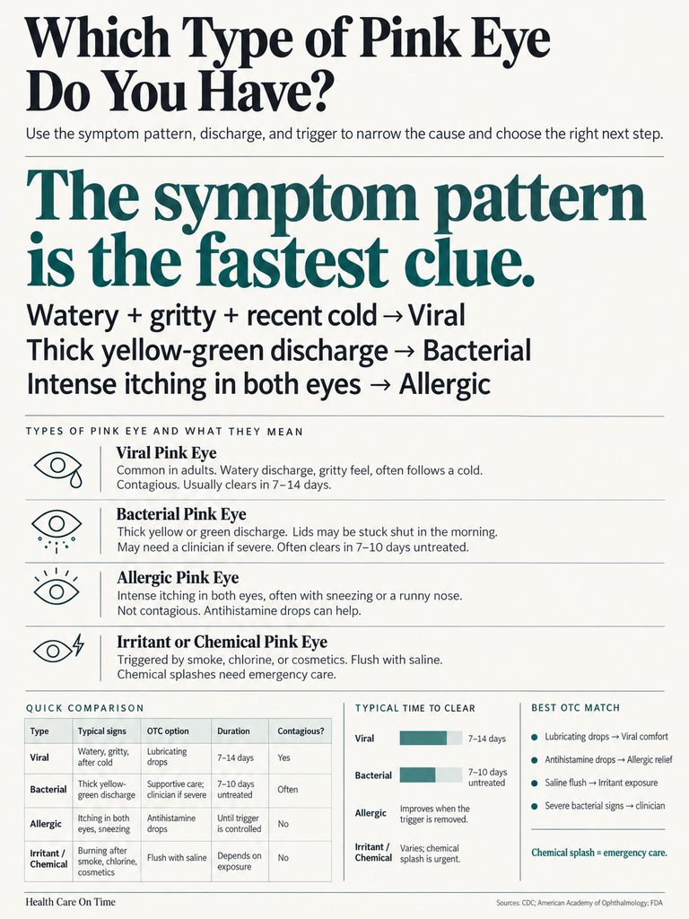 Infographic explaining types of pink eye, symptoms, treatments, and contagion information.