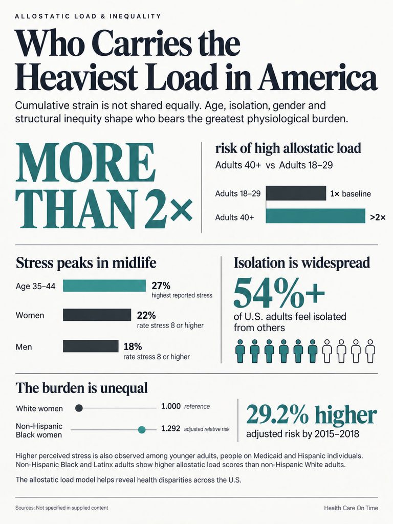 Infographic showing allostatic load and inequality in America, highlighting stress levels and isolation statistics.