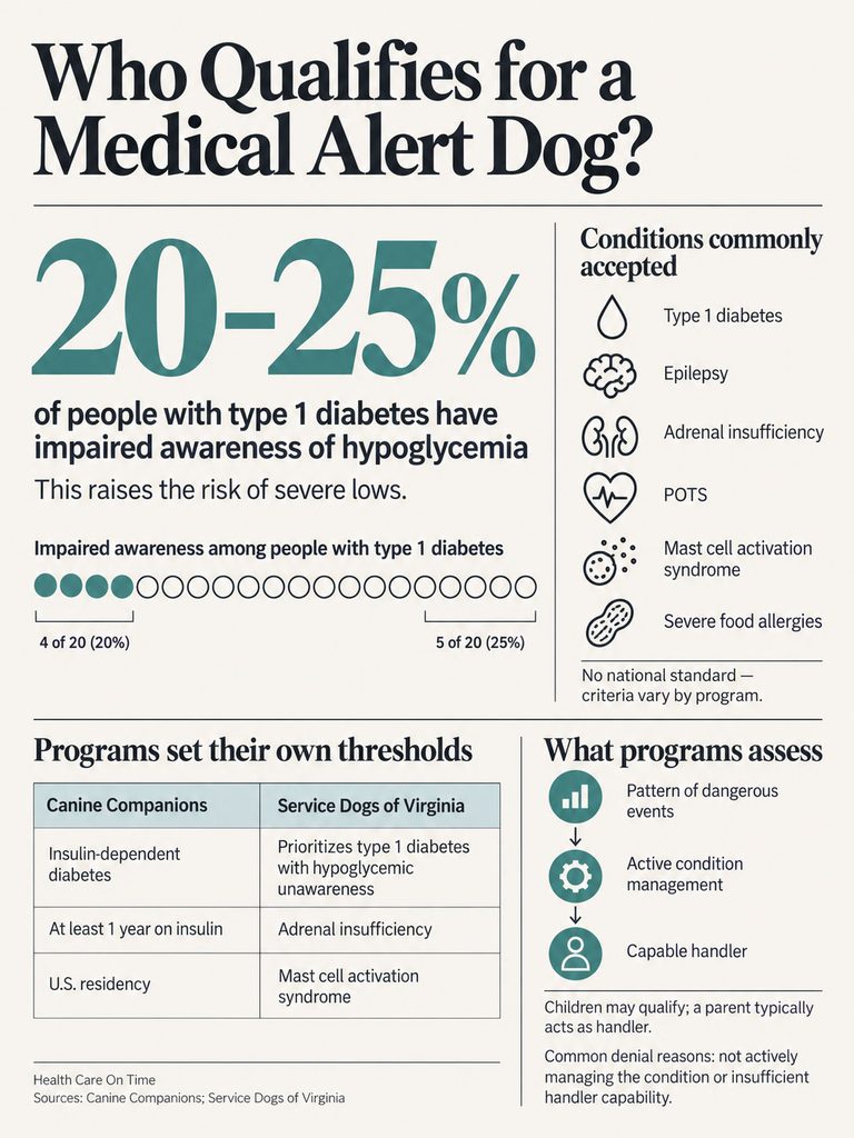 Infographic showing qualifications for medical alert dogs, highlighting diabetes awareness and program criteria.