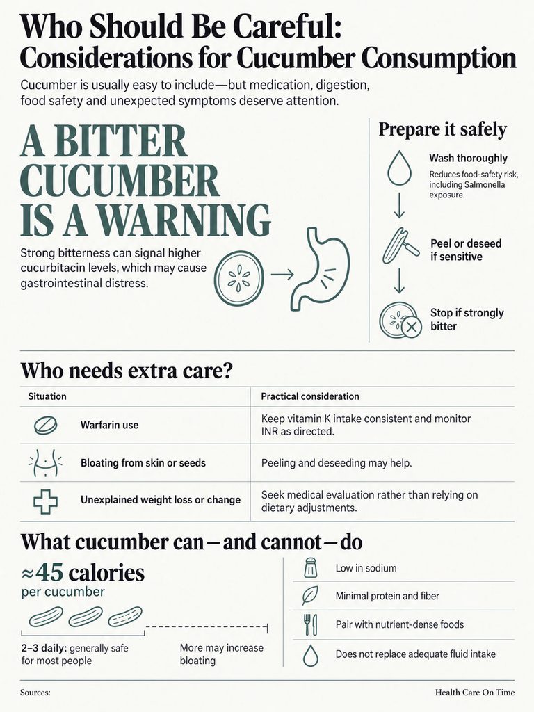 Infographic detailing cucumber consumption considerations, including warnings about bitterness and preparation tips.