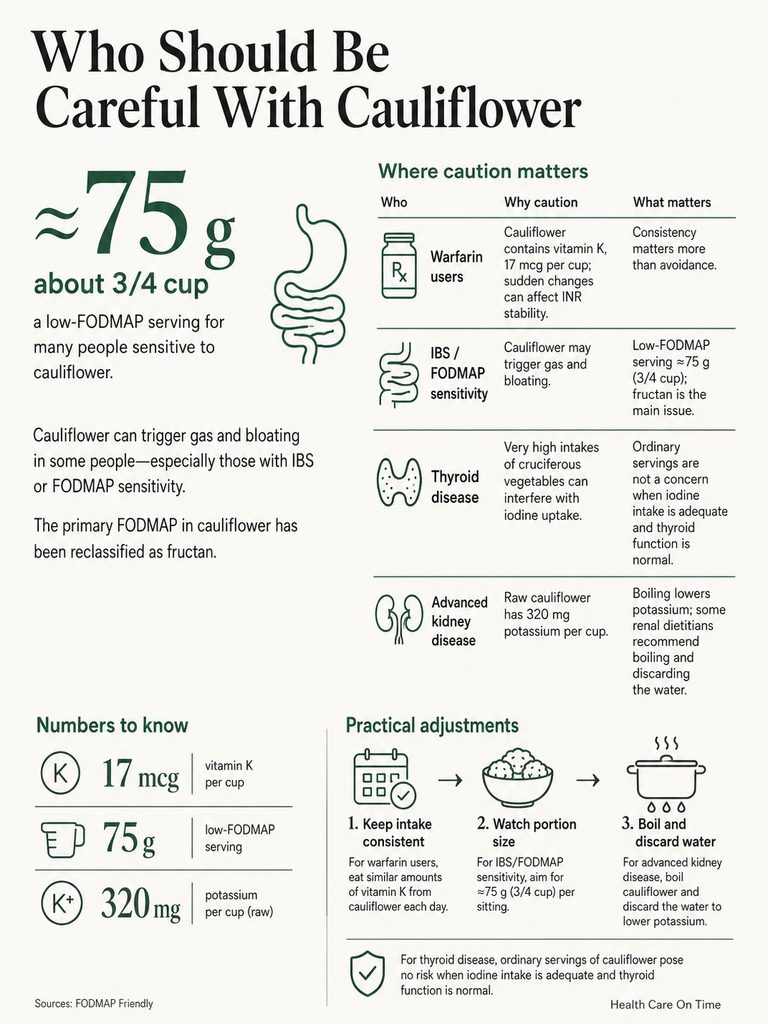 Infographic detailing caution for cauliflower consumption, highlighting risks for specific health conditions and serving sizes.