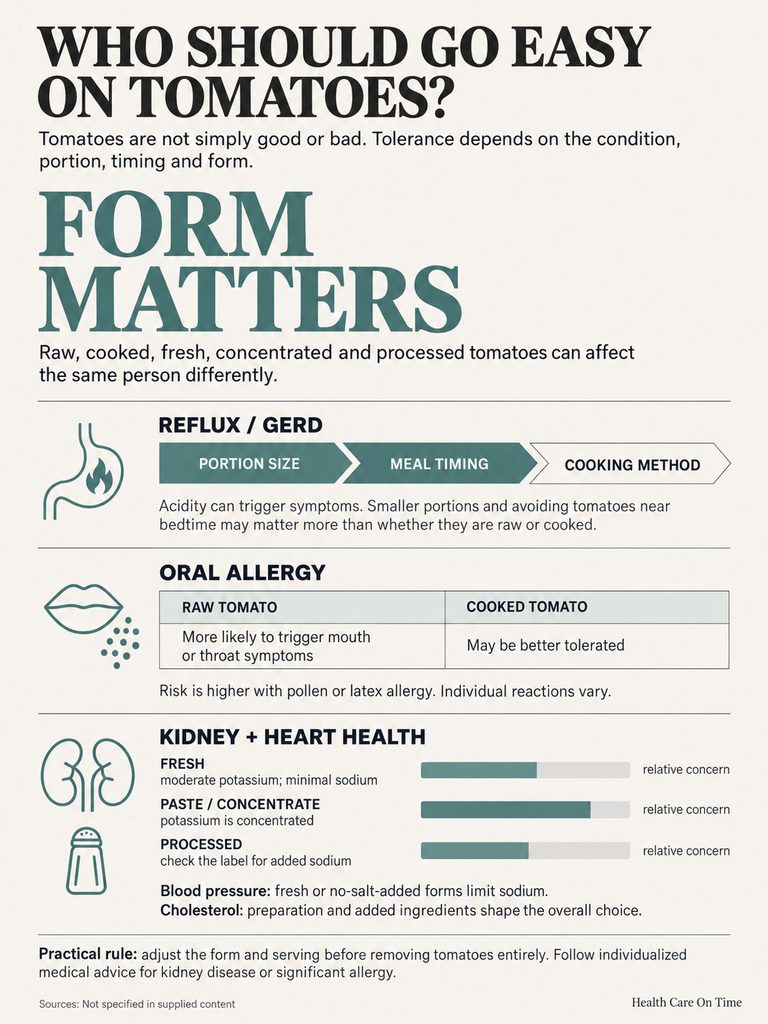 Infographic on tomato consumption guidelines for reflux, oral allergy, and kidney health with charts and icons.