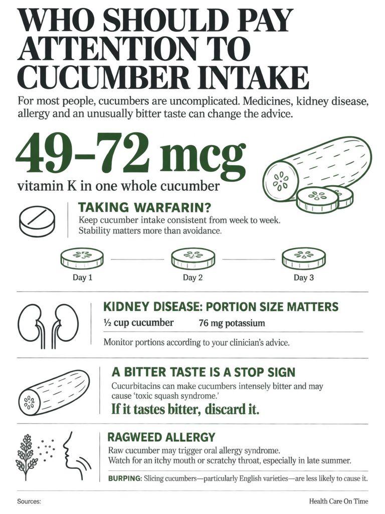 Infographic on cucumber intake, highlighting vitamin K, warfarin advice, kidney disease, and ragweed allergy symptoms.