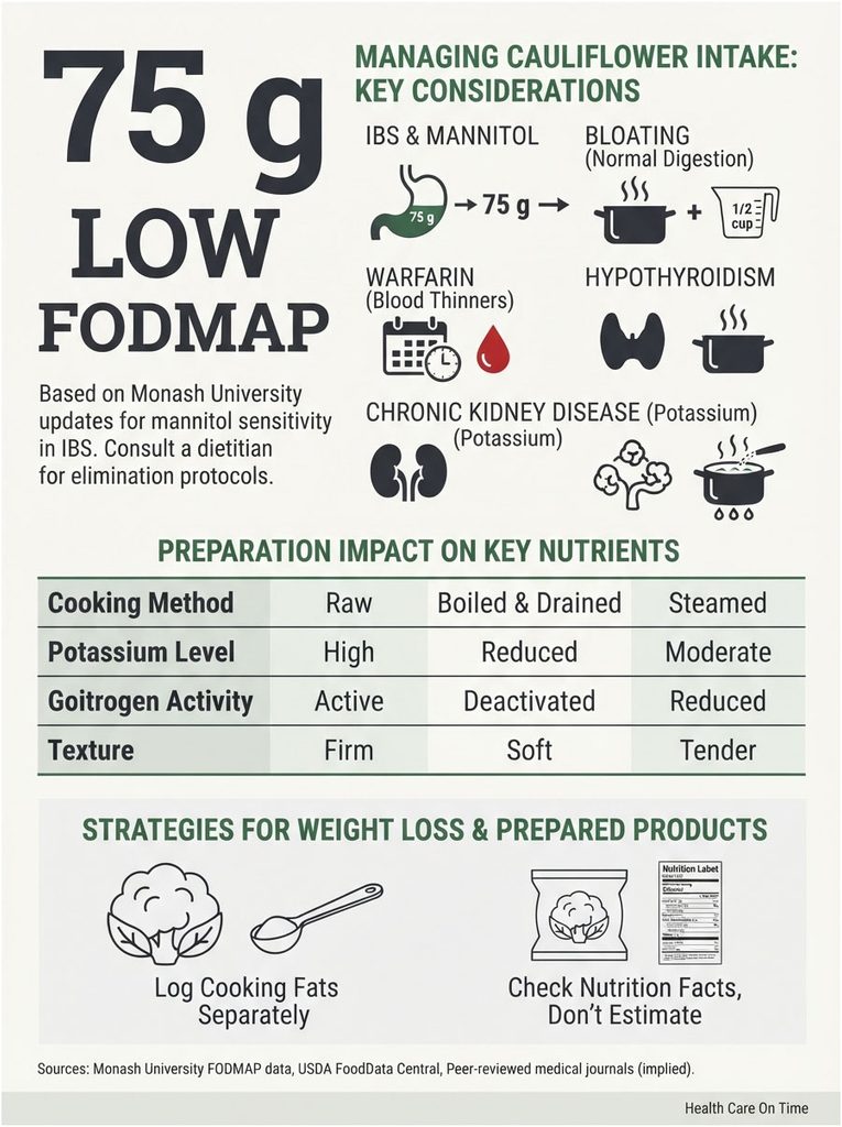 Infographic detailing low FODMAP cauliflower intake, key considerations, and preparation impacts on nutrients.