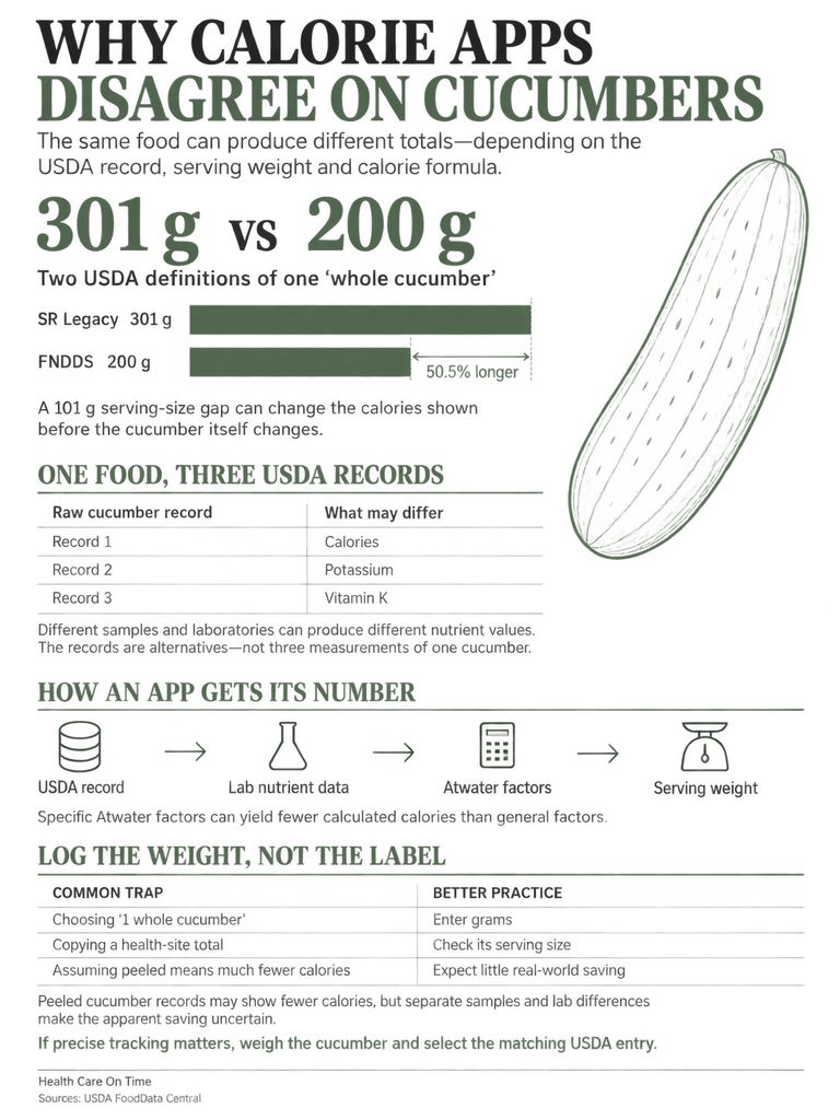 Infographic showing differences in cucumber calorie counts based on USDA records and serving sizes.