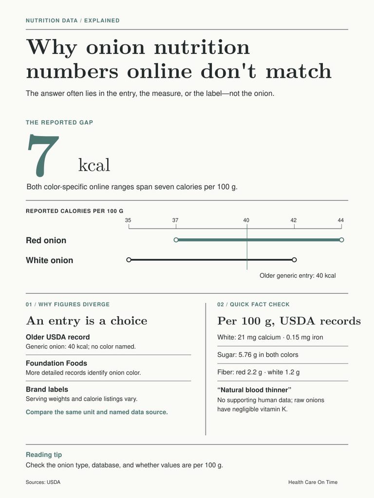 Infographic explaining onion nutrition discrepancies with calorie data for red and white onions per 100 g.