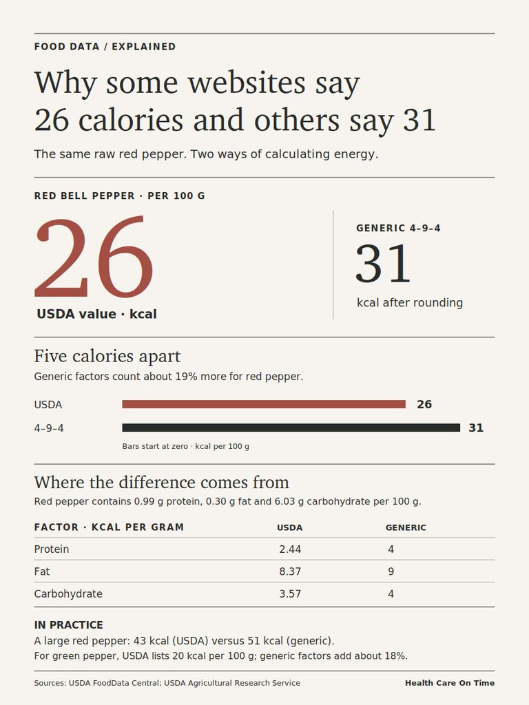 Infographic comparing calorie counts of red bell pepper, showing 26 kcal (USDA) and 31 kcal (generic) per 100g.