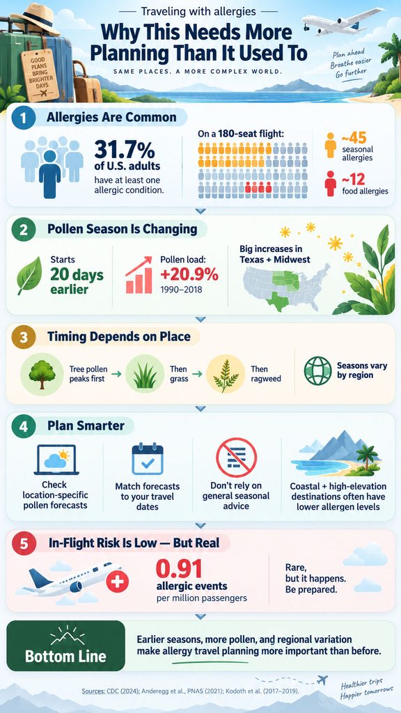 Infographic on allergy travel planning, showing statistics, pollen changes, and tips for travelers.