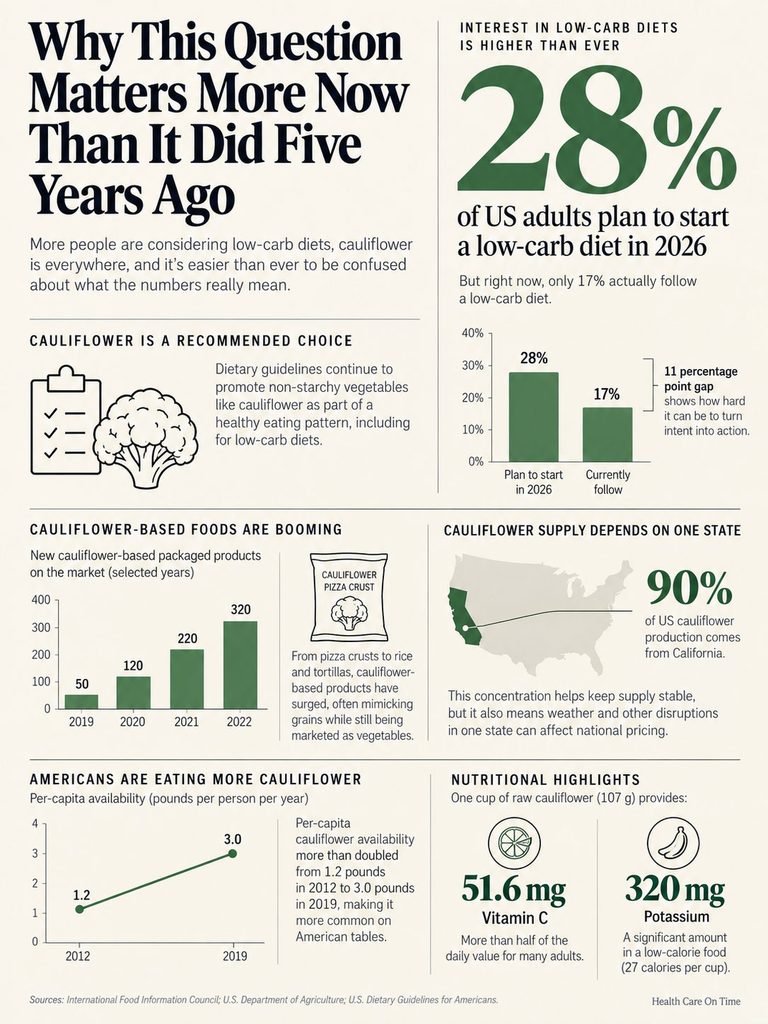 Infographic showing low-carb diet trends, cauliflower statistics, and nutritional highlights with graphs and icons.