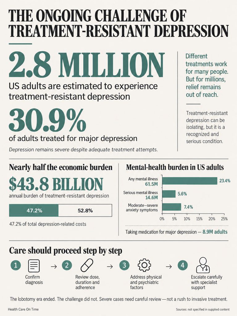 Infographic showing treatment-resistant depression statistics, economic burden, and care steps with icons and charts.