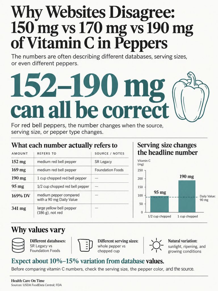 Infographic explaining vitamin C content in peppers, showing varying amounts and sources for red bell peppers.