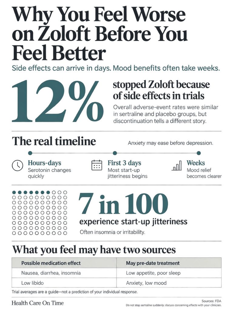 Infographic explaining Zoloft side effects, showing statistics and timelines for mood improvement and jitters.