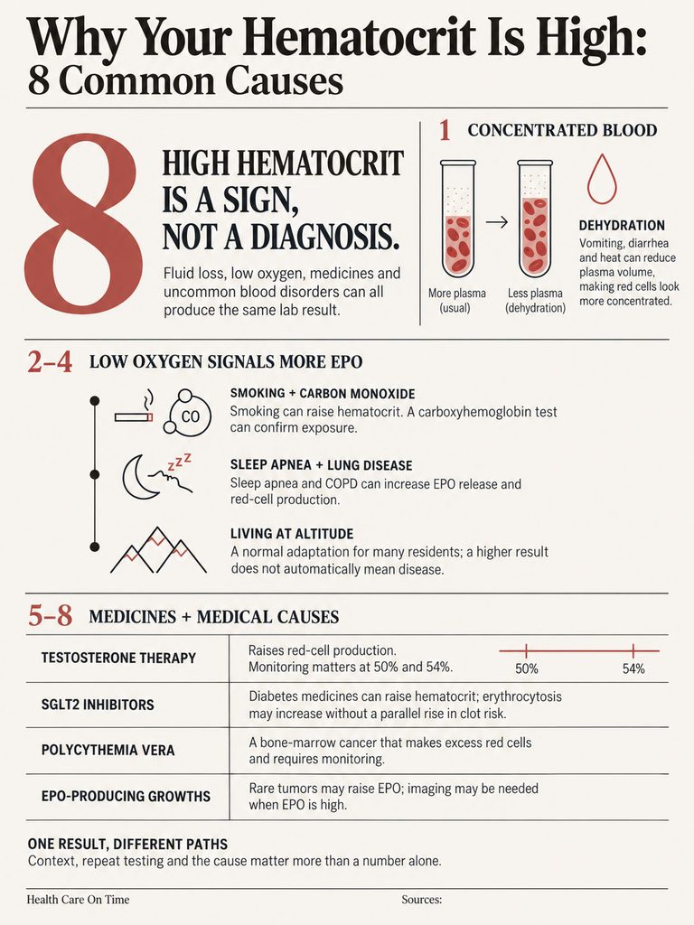 Infographic explaining 8 causes of high hematocrit, with charts and illustrations on dehydration and medical factors.