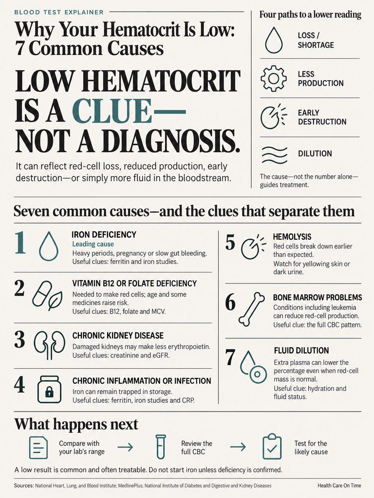 Infographic explaining low hematocrit causes, featuring seven causes with icons and statistics.