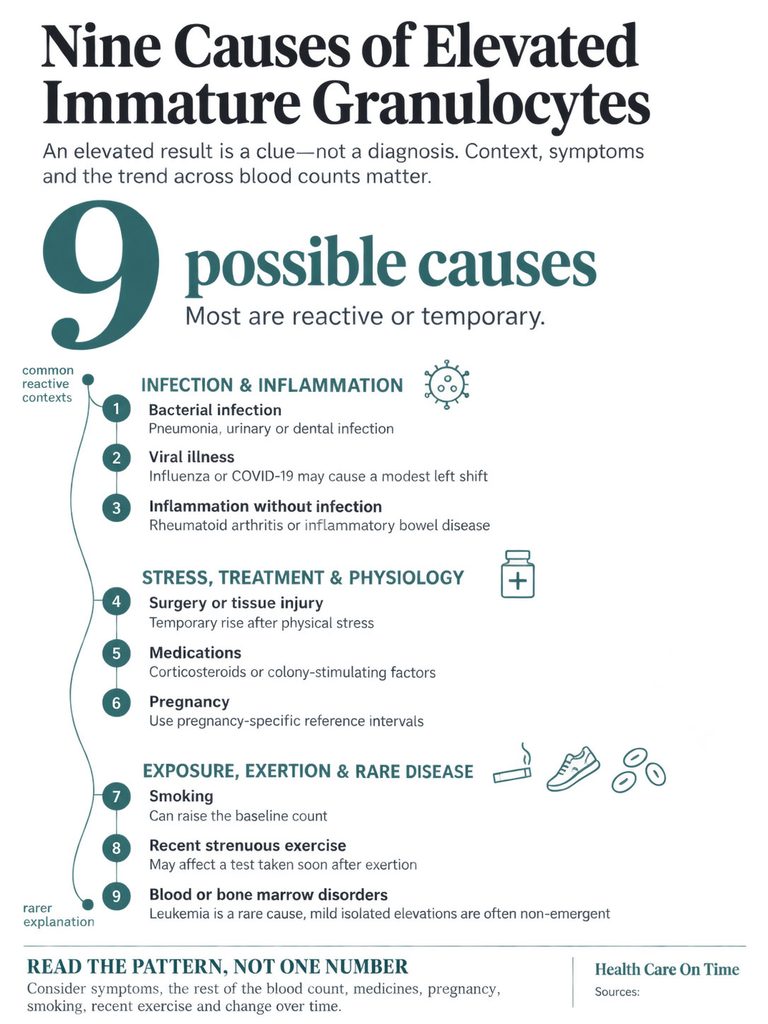 Infographic showing nine causes of elevated immature granulocytes with categories and explanations.