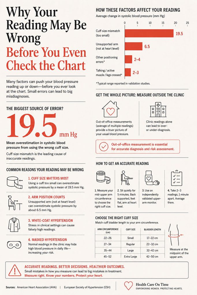 Infographic explaining factors affecting blood pressure readings, including cuff size and arm position errors.