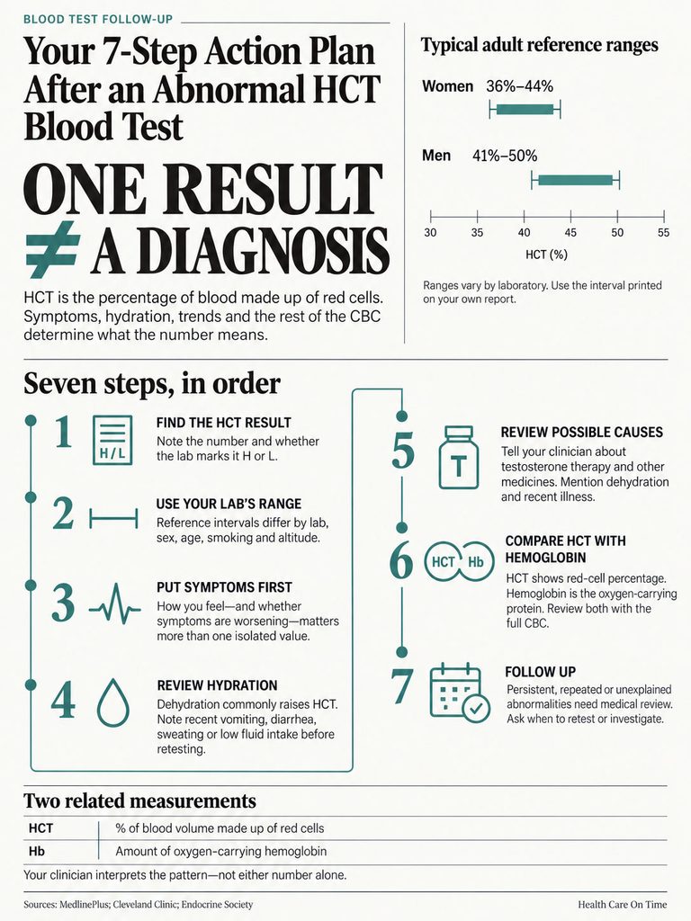 Infographic detailing a 7-step action plan after an abnormal HCT blood test, including charts and key points.