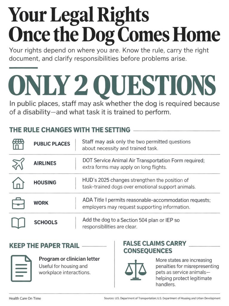 Infographic detailing legal rights regarding service dogs, including questions staff can ask in public places.