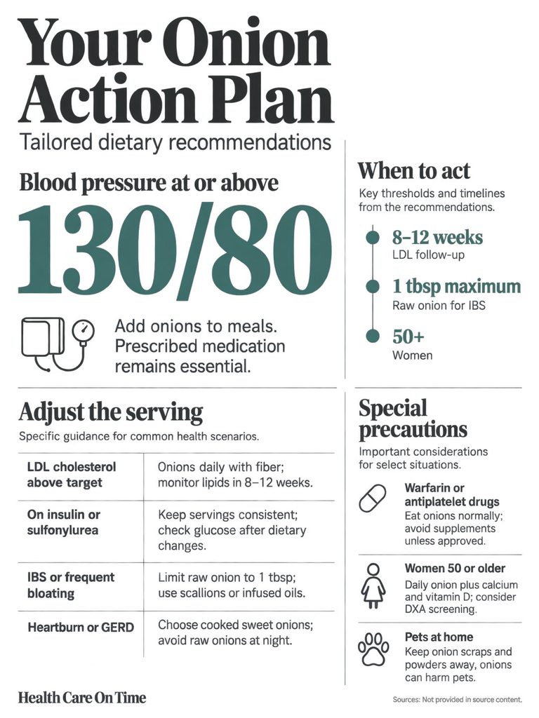 Infographic detailing dietary recommendations for blood pressure and cholesterol management with onions.