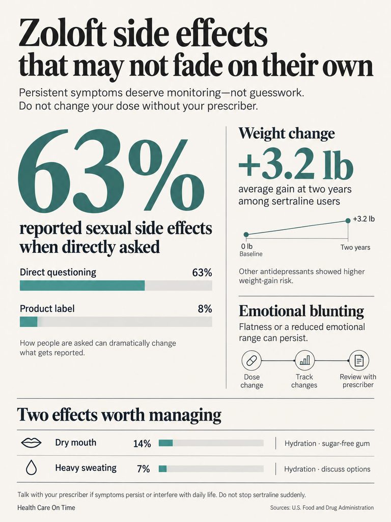 Infographic showing Zoloft side effects, including 63% reporting sexual side effects and weight gain of +3.2 lb.